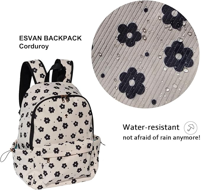 ESVAN Corduroy Backpack Lightweight Fashion 17 inch Laptop Bag for Women Casual College (Corduroy Black flower)