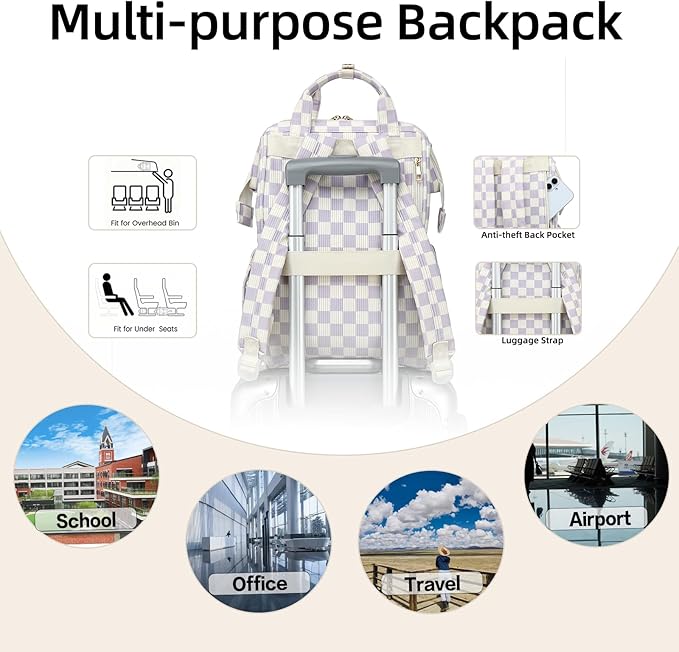 Corduroy Laptop Backpack for Women 15.6 Inch Stylish College School Bookbag, Business Work & Travel Computer Backpacks (Checkered Purple)