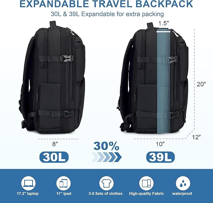 Carry On Travel Backpack, 35L-40L Expandable Extra Large Airline Approved,Lightweight Daypack for Men and Women（Black）