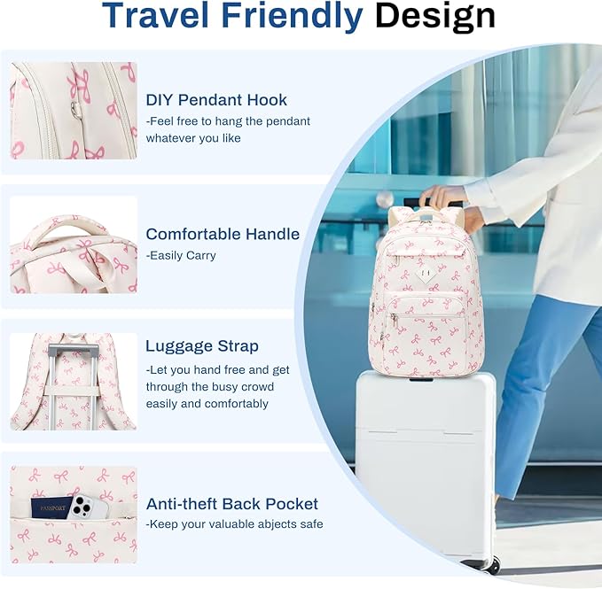 Girls Backpack, Lightweight School Backpack Multiple-pocket College Bookbag for Teen Girls Travel Backpack with Luggage Strap for Women, Beige with Pink Bow