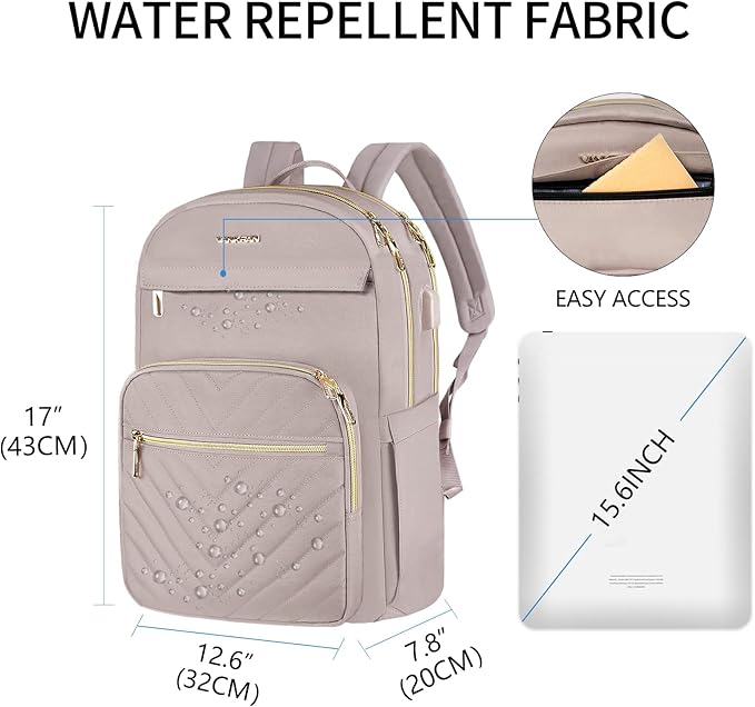 VANKEAN Laptop Backpack for Women with USB Port,15.6 Inch Laptop Computer Bag Travel Backpack Purse,Waterproof Work Business Backpack College Teacher Bags, Light Dusty Pink