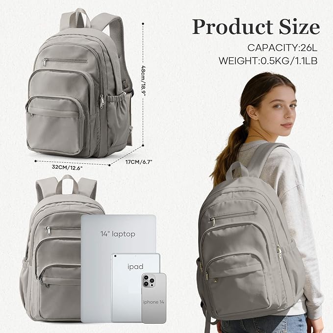 College Backpack For Women Men,Lightweight High School Bag,School Backpack With Lots Of Pockets,Cute Bookbag For Teens Boys Girls,Casual Daypack Backpack For School(Gray Brown)