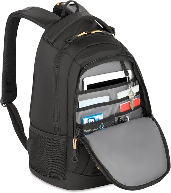 SwissGear 1186 Special Edition 13” Laptop Backpack Black/Gold – Compact Tech Bag with Reflective Accents – Multiple Organizer Pockets with Bungee Cords & D-ring Attachment Point