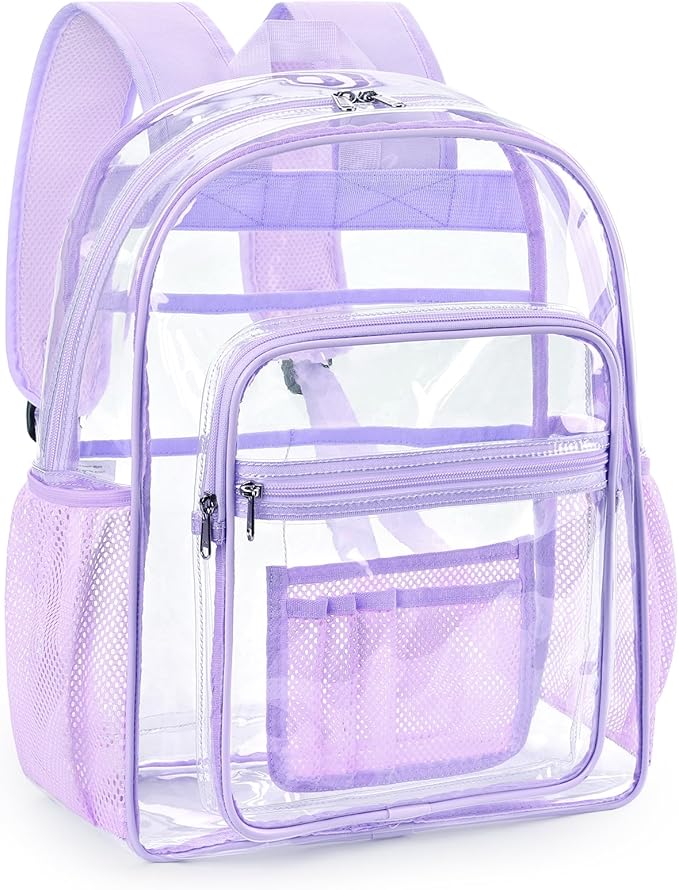 ZORFIN Clear Backpack Heavy Duty for School & Work – 17in Transparent PVC Bag with Large Capacity & Reinforced Straps – See Through Bookbag for Girls Women, Workplace Security - Purple