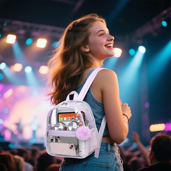 BTOOP Clear Mini Backpack for Stadium Events 12x12x6 Small Transparent Backpacks Plastic See Through Clear Bag for Concerts Work Festival Security Travel Purple