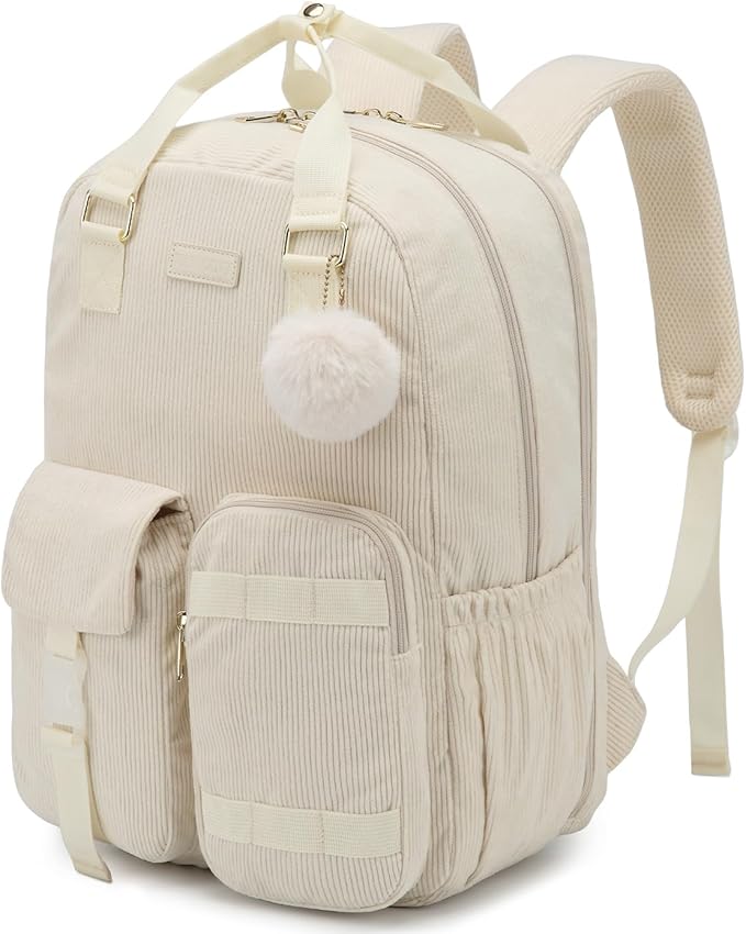 Cute Backpacks for Girls, Corduroy Backpack for Middle High School Teens Aesthetic 15.6in Laptop Bag for Women College, Beige