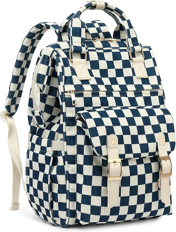 Laptop Backpacks for Women, Corduroy High School College Bookbag 15.6 Inch Laptop Bags for Girls Travel Daypack - Checkered Navy Blue