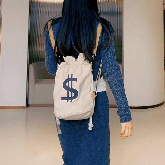 Canvas Drawstring Backpack with Coin pouch, Large Money Dollar Sign Bucket Rucksack, Lightweight Sport Bags (Off White)