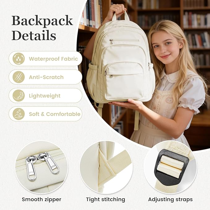 College Backpack For Women Men,Lightweight High School Bag,School Backpack With Lots Of Pockets,Cute Bookbag For Teens Boys Girls,Casual Daypack Backpack For School(Beige)