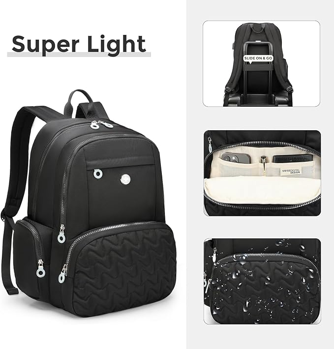 Swissdigital Design Backpack for Women, 15.6 inch Laptop College Black Medium Simple Modern Backpacks for School with USB Charging Port for Womens Girls | SD1711-01