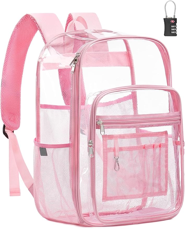Extra Large Clear Backpack with TSA Lock, Heavy Duty Transparent See Through Clear Bookbag for College, Work, Travel, Casual Sport, Pink