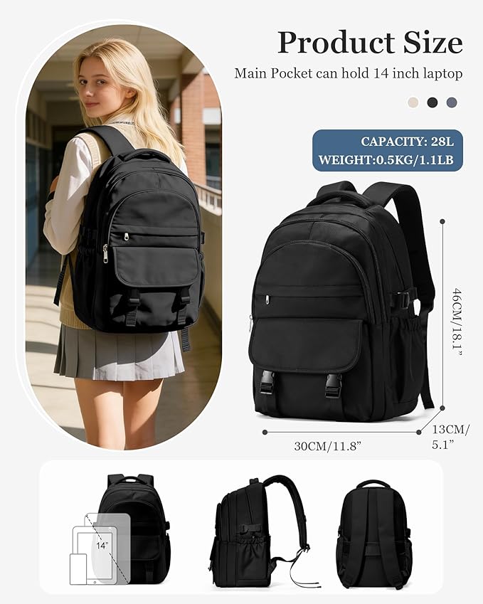 Black Waterproof Aesthetic Backpack For School, Cute High School Bookbag For Teen Girls Boys, Lightweight Casual Daypack Backpack For Women Men, College Backpack With Lots Of Pockets