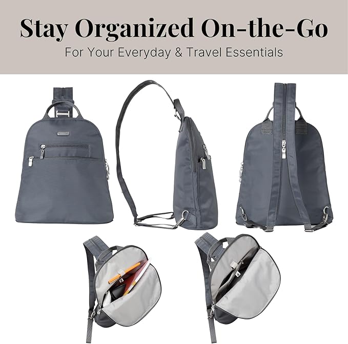 Baggallini Essential Mini Backpack Purse for Women - Built-in RFID Card Holder - Convertible Sling Bag with Adjustable Shoulder Strap, Charcoal Gray