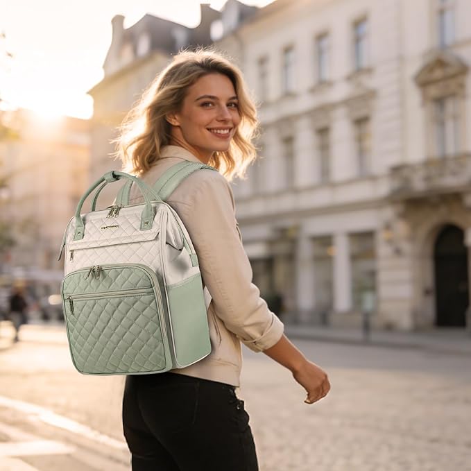EMPSIGN 17 Inch Laptop Backpack for Women, Work Business Travel Computer College Bags, Large Capacity Water-repellent Quilted Casual Daypack with USB Port, Beige-Light Green