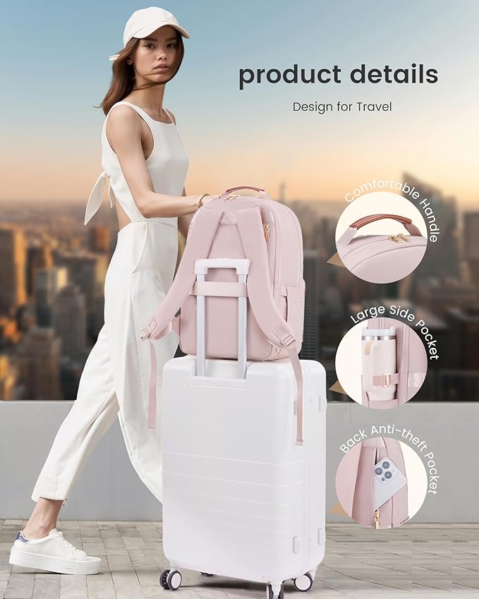 LOVEVOOK Laptop Backpack for Women with Leather Trim & Tumbler Pockets, 15.6" Work Backpack Purse, Travel Personal Item Bag, Carry On Business Computer Bag for Office, School, or Gift, Soft Taupe