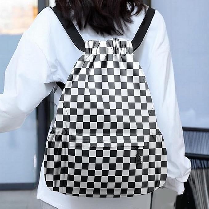 Drawstring Backpack for Women Drawstring Gym Bag Water Resistant Small Cinch Sack Pull String Backpack Bag (Checkered-Black)
