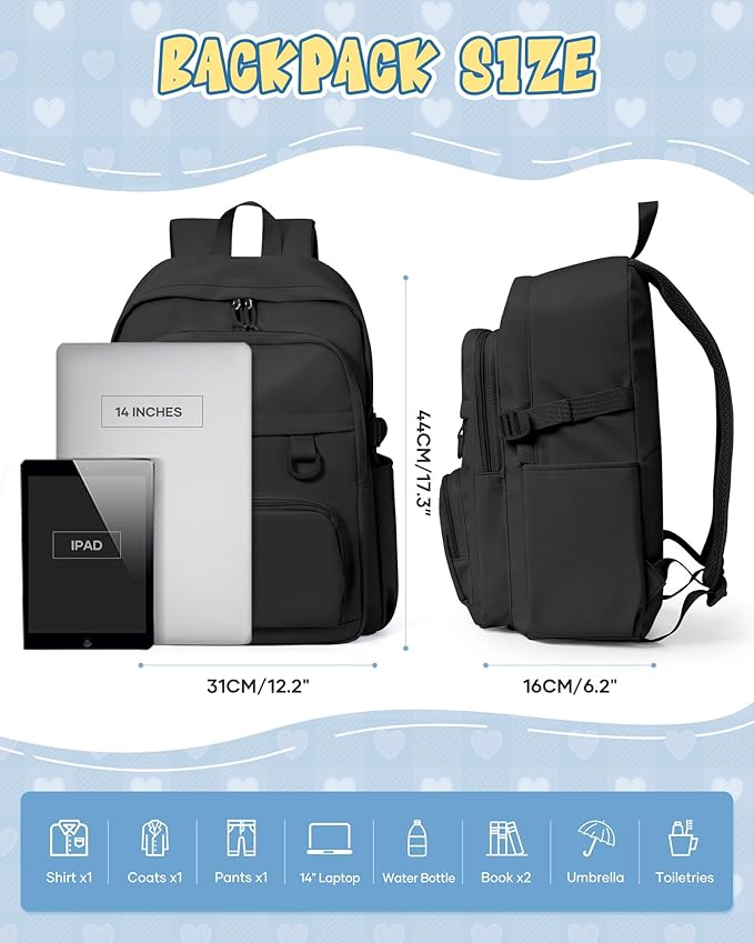 Black Lightweight Backpack for College & High School Backpack With Lots of Pockets Cute School Bag for Girls Boys, Large Capacity Bookbag for Women Men, Waterproof Teens Casual Daypack Backpack