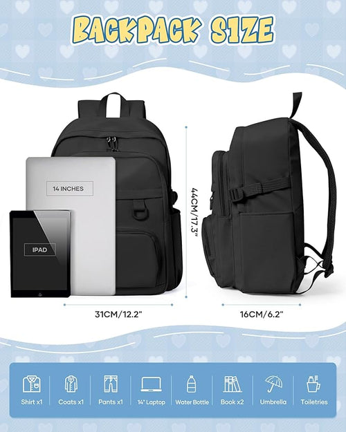 Black Lightweight Backpack for College & High School Backpack With Lots of Pockets Cute School Bag for Girls Boys, Large Capacity Bookbag for Women Men, Waterproof Teens Casual Daypack Backpack