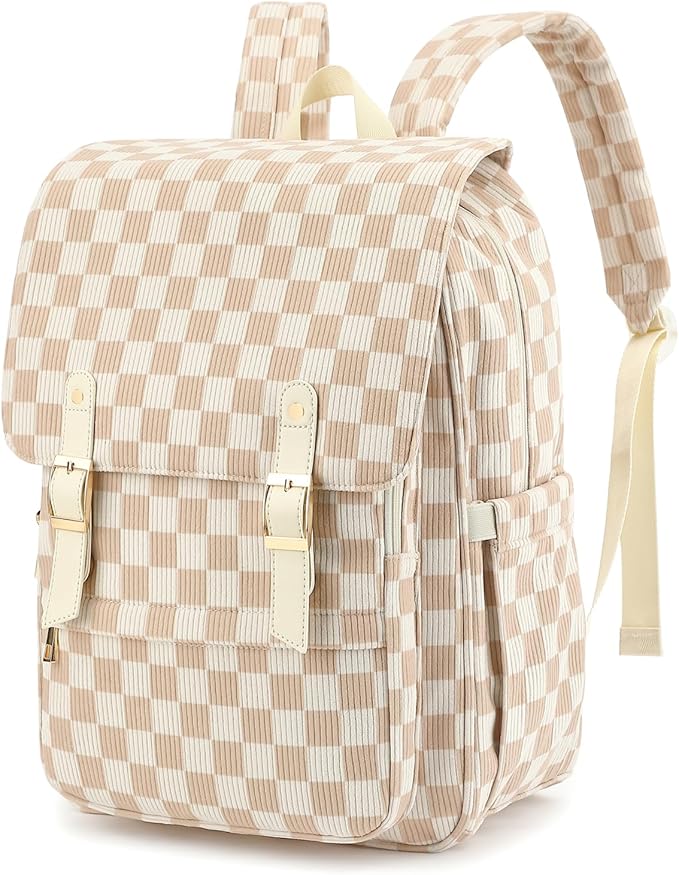 Corduroy Laptop Backpack for Women, Fits 15.6 Inch Computer Bag, College High School Bookbag Travel Daypack Purse, Work Business Bags - Corduroy Checkered Brown