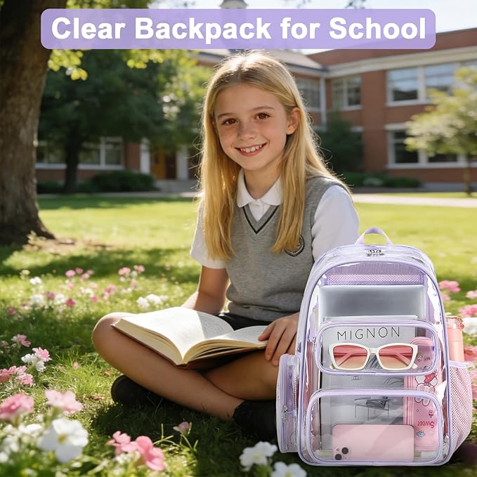 BTOOP Clear Backpack Heavy Duty Transparent Backpack 17" See Through Bookbag for College Work Festival Security Padded Strap (Purple)