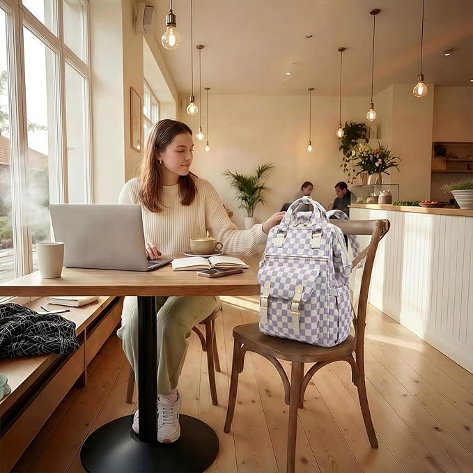Corduroy Laptop Backpack for Women 15.6 Inch Stylish College School Bookbag, Business Work & Travel Computer Backpacks (Checkered Purple)