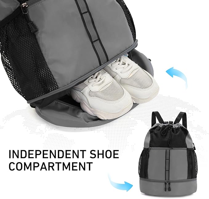 Valleycomfy Drawstring Gym Bag Sports Backpack With Shoe Compartment and Reflective Strips Grey