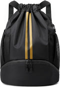 Drawstring Backpack Gym Bag with Shoes Compartment for Soccer, Basketball, Swim, Water-Resistant String Backpack Beach Cinch for Women Men, Black Gold