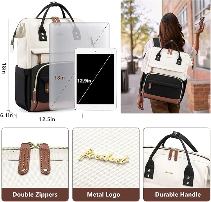 Laptop Backpack for Womem Work Bags: 18 Inch Anti Theft FashionTravel BackPacks With USB Charging Port Durable Back Pack Purse Bussiness Daypack for Nurse Teacher Beige Black Brown
