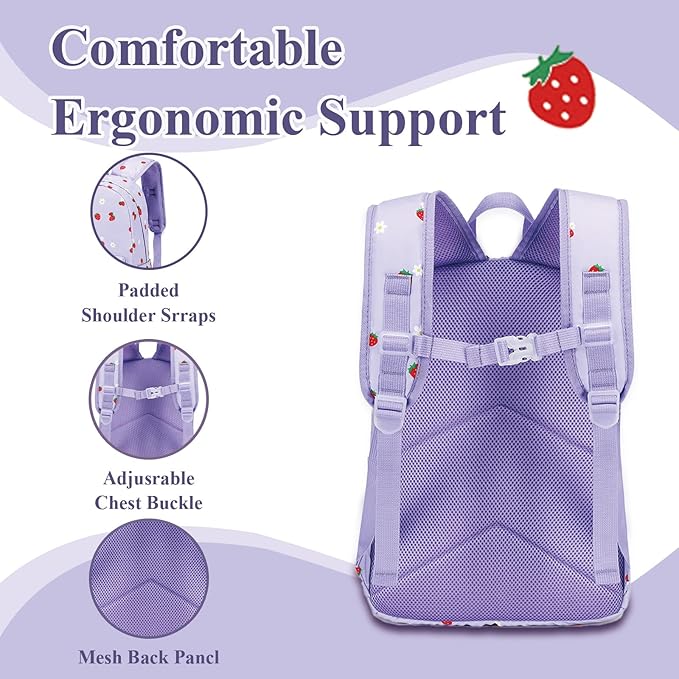LEDAOU Kids School Backpack with Lunch Box for Girls Kindergarten Elementary BookBag School Bag Preschool Toddler Backpack(Purple Strawberry)
