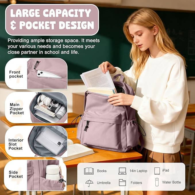 VECAVE School Backpack Purple Waterproof Bookbag Casual Lightweight Travel Rucksack Daypack Backpacks for Men Women College High School Bags backpack for Boys Girls Teens