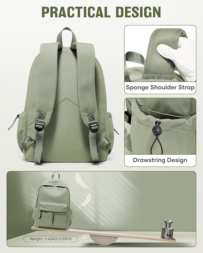 School Backpack for Girls Boys Bookbag Cute Aesthetic College Backpack Women Middle High School Teen Students Book Bag Lightweight Gym Work Laptop Casual Daypack Backpacks Men Green