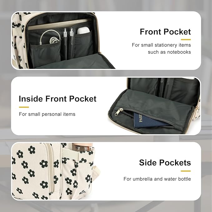 Laptop Backpack for Women, Corduroy College School Backpack Bookbag 15.6 inch Business Computer Travel Backpack (Flowers)