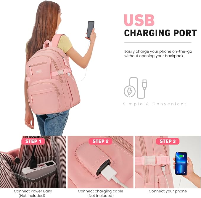 Backpack for School Girls, Cute High School Backpacks for Teens Women Student Large Bookbag 15.6 Inch Laptop Bag with USB Charger Port for College Work Travel Trip (Pink-2)