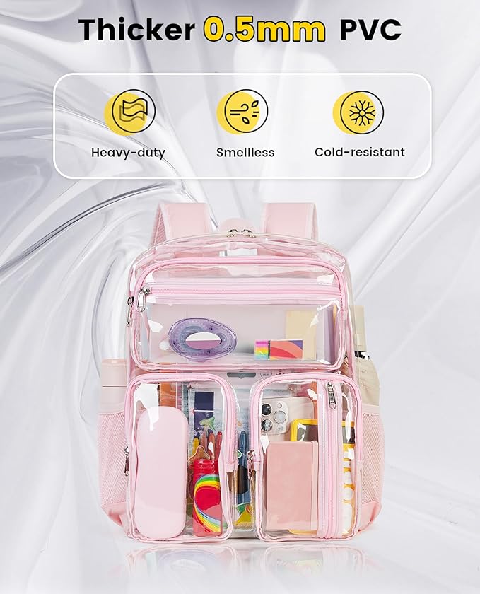 Vorspack Clear Backpack Heavy Duty - Large Clear Bookbag Transparent See Through Backpacks for College Work Festival - Light Pink