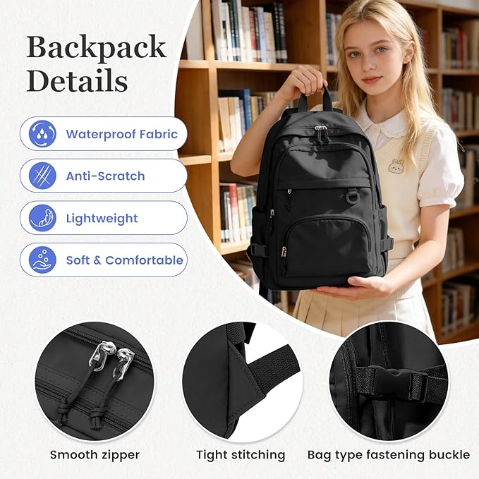 Lightweight Black College Backpack for Women Men Cute School Bag for Teens Girls Boys High School Backpack for Students Waterproof Casual Daypack Backpack