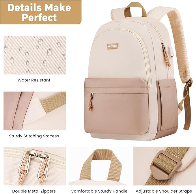 School Backpack for Teens Girls, Cute Student Bookbag Large 17.3 Inch Laptop Bag Aesthetic College Backpacks for Women High School Travel (Khaki Beige)