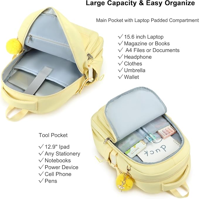 Laptop Backpack 15.6 Inch College Backpacks for Women,School Backpack for Girls, Anti Theft Travel Daypack Bookbags (Yellow)