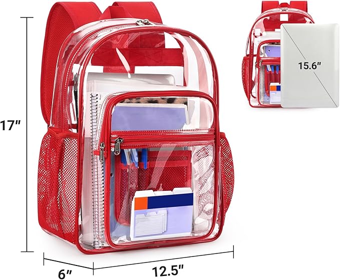 ZORFIN Clear Backpack Heavy Duty for School & Work – 17in Transparent PVC Bag with Large Capacity & Reinforced Straps – See Through Bookbag for Men, Women, Boys & Girls, Workplace Security - Red