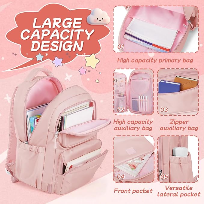 Cute Backpack For School Teens Girls, Aesthetic Kids Elementary School Backpacks, Waterproof Middle Students Bookbag, Large Capacity Backpack For College Women Men (Pink)