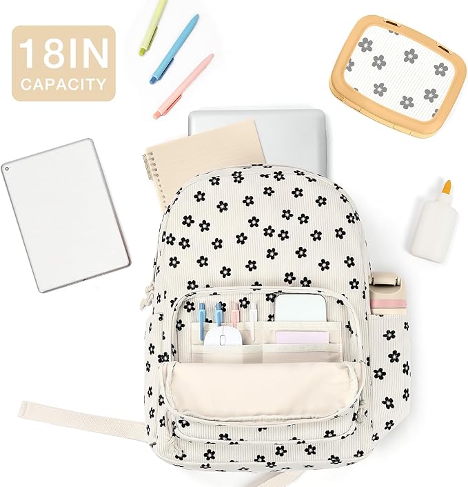 mibasies School Backpack for Girls with Laptop Sleeve: 18IN Large Capacity Corduroy Bookbag for Primary Middle School/College, Travel Daypack for Teens Women - Black Flower