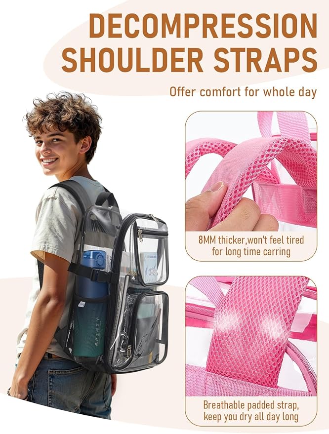Clear Backpack Heavy Duty, Large TPU Clear Bookbag for Boys Girls Adult, See Through Transparent Back Pack with Multiple Pockets for College Work Casual Security,Pink