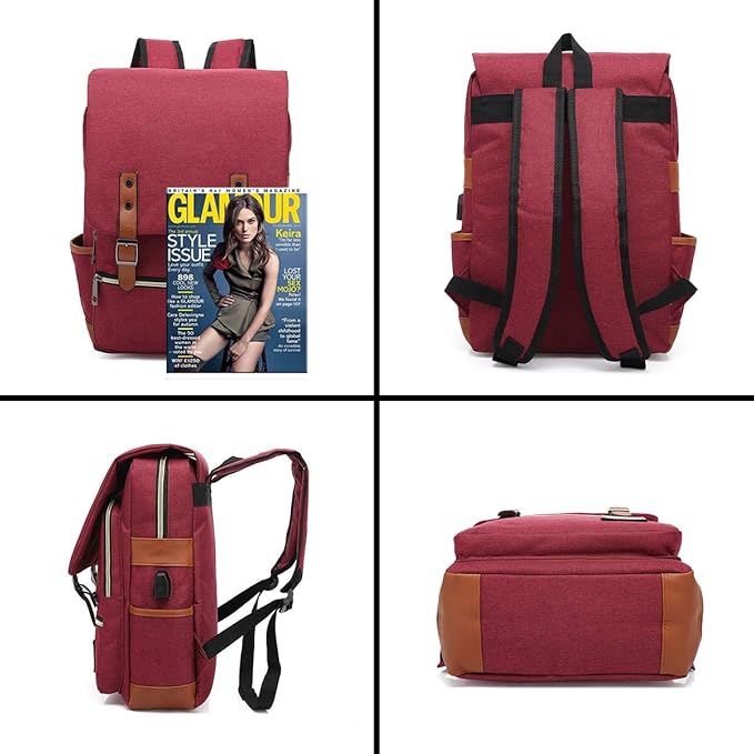 UGRACE Vintage Laptop Backpack with USB Charging Port, Elegant Water Resistant Travelling Backpack Casual Daypacks College Shoulder Bag for Men Women, Fits up to 15.6Inch Laptop in Red