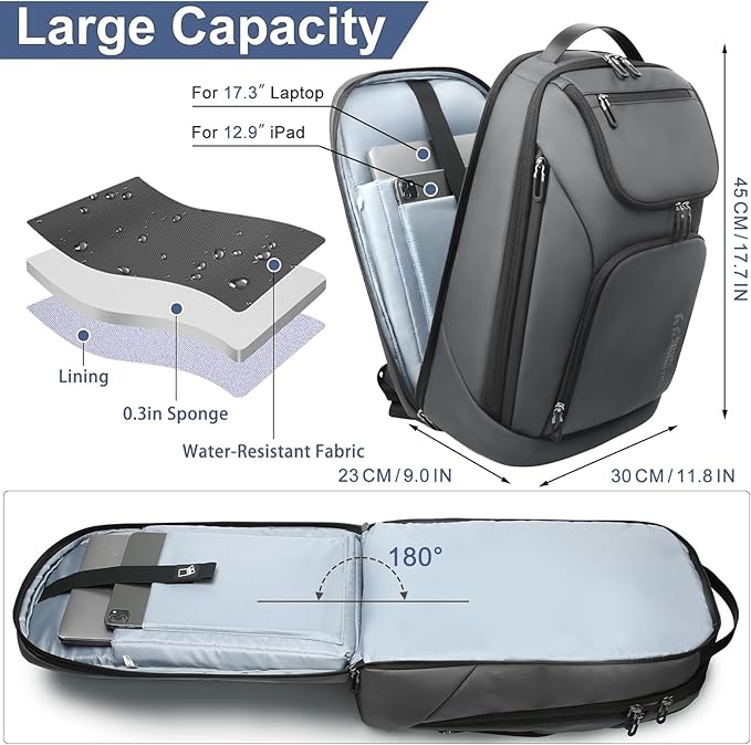 hk Business Smart Backpack for Men Anti-Theft for 17.3 Inch Laptop with USB Charging Port Water-Resistant Large Durable Compact 30L for Travel College Work-Deep Grey