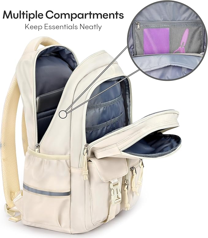 mibasies School Backpack for Teen Girls: 17.9 IN Backpack for Women with Laptop Compartment for Middle High Elementary School College Travel- Kids Bookbag Beige