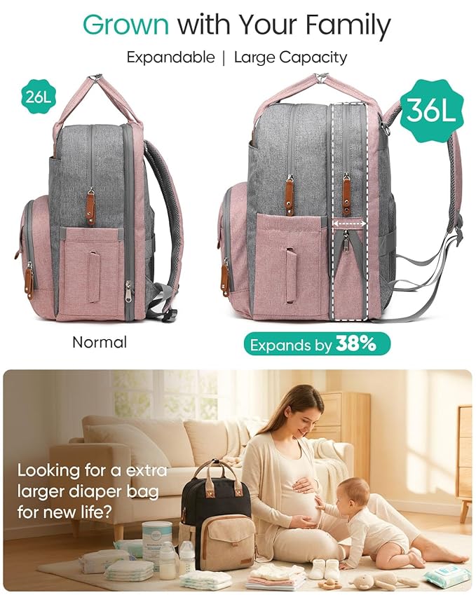 Extra Large Diaper Bag Backpack for Two Kids Twins - Expandable Baby Bag (26-36L), Dual Big Compartments - Includes Changing Pad & Stroller Straps, Unisex Pink Grey