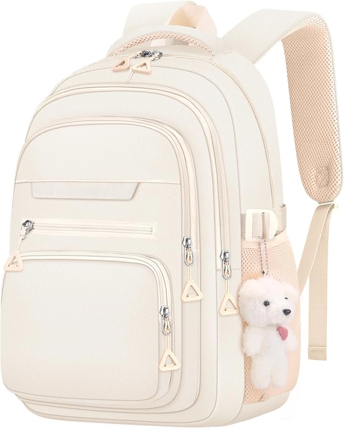 Cute Girls Backpack for School Kids Travel College backpack for Women Teen Beige Bookbags Aesthetic Laptop Bagpack