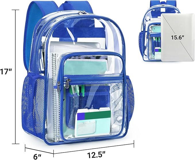 ZORFIN Clear Backpack Heavy Duty for School & Work – 17in Transparent PVC Bag with Large Capacity & Reinforced Straps – See Through Bookbag for Men, Women, Boys & Girls, Workplace Security - Blue