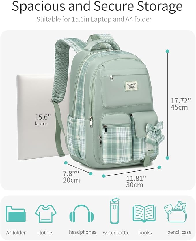 School Backpack for Teens, Girls Backpack for Middle High School Big Sthdent Cute Bookbag for Women Aesthetic School Bag (Green)