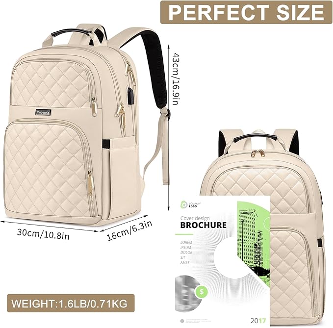 Backpacks for Women, School Backpack for Teen Girls, 15.6 Inch Cute Quilted Laptop Backpack with USB Charging, Large Bookbag for Middle School College Students,Beige