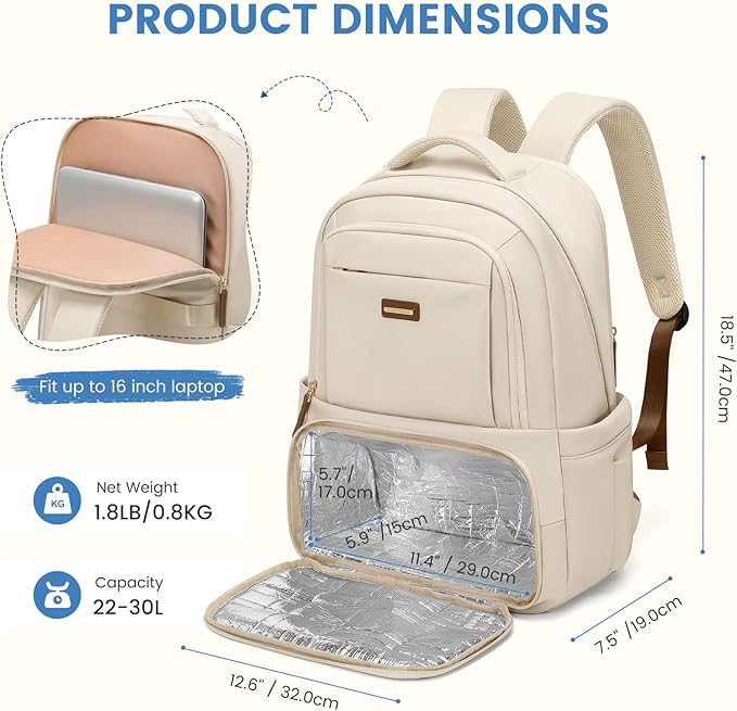 Lunch Backpack 16 Inch Laptop Backpack with Insulated Cooler Lunch Box Food Bag for College Work Camping Picnics (Apricot)